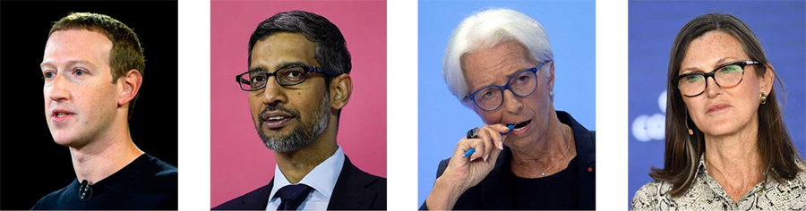 Mark Zuckerberg, Sundar Pichai, Christine Lagarde, Cathie Wood